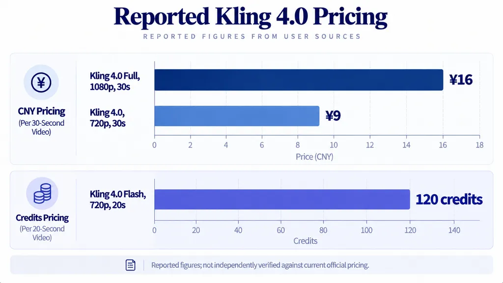 Reported Kling 4.0 pricing examples for 1080p and 720p videos, including a separate Flash credit-based price.