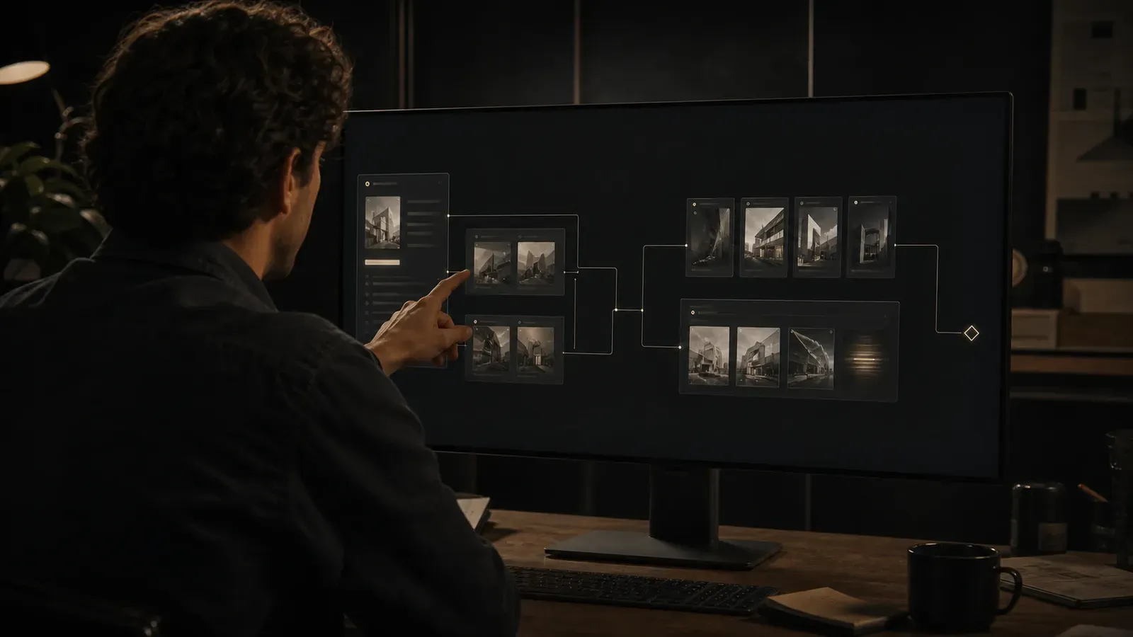 A designer directing while an AI agent glyph updates a generated frame