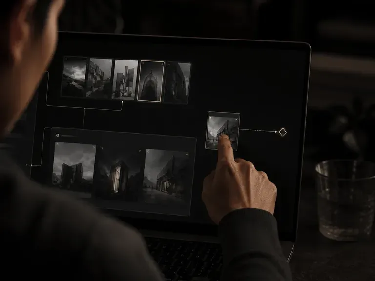 Hands dragging a reference thumbnail onto an agent glyph on a canvas