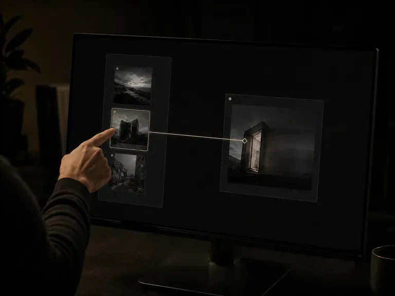 A person's gesture connected by a thread to an agent glyph updating a frame