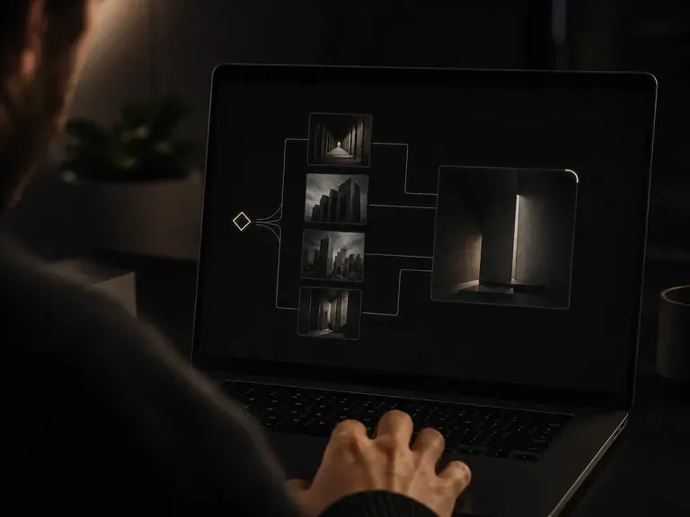 An agent glyph reading a cluster of reference thumbnails