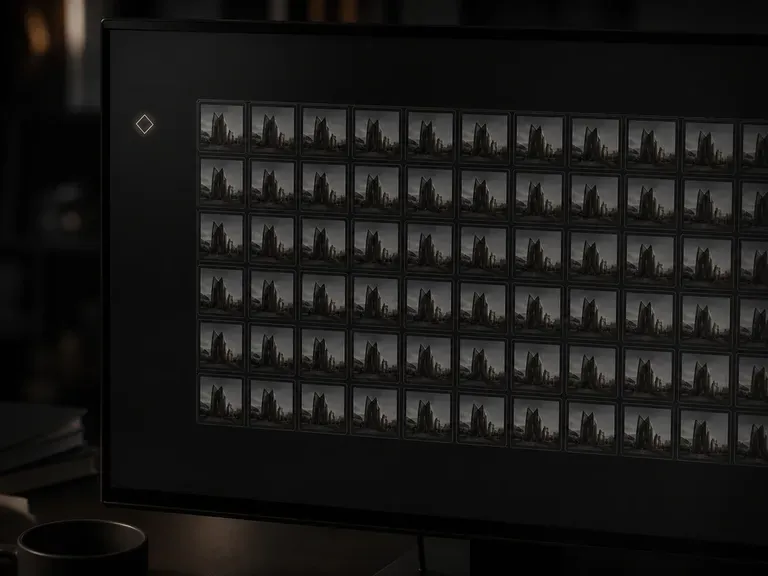 An agent glyph beside a dense grid of batch-produced output frames