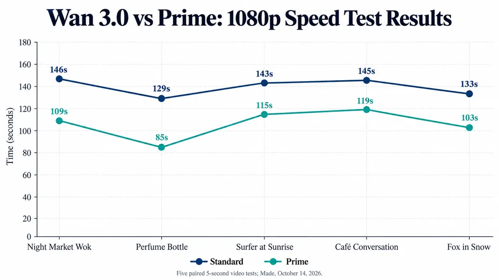 Wan 3.0 versus Prime generation times across five 1080p test scenes, showing Prime faster in every recorded scene.