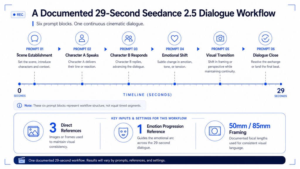 Timeline visualization of a documented 29-second Seedance 2.5 dialogue workflow using six prompt blocks, three direct references, one emotion progression reference, and 50mm and 85mm framing.