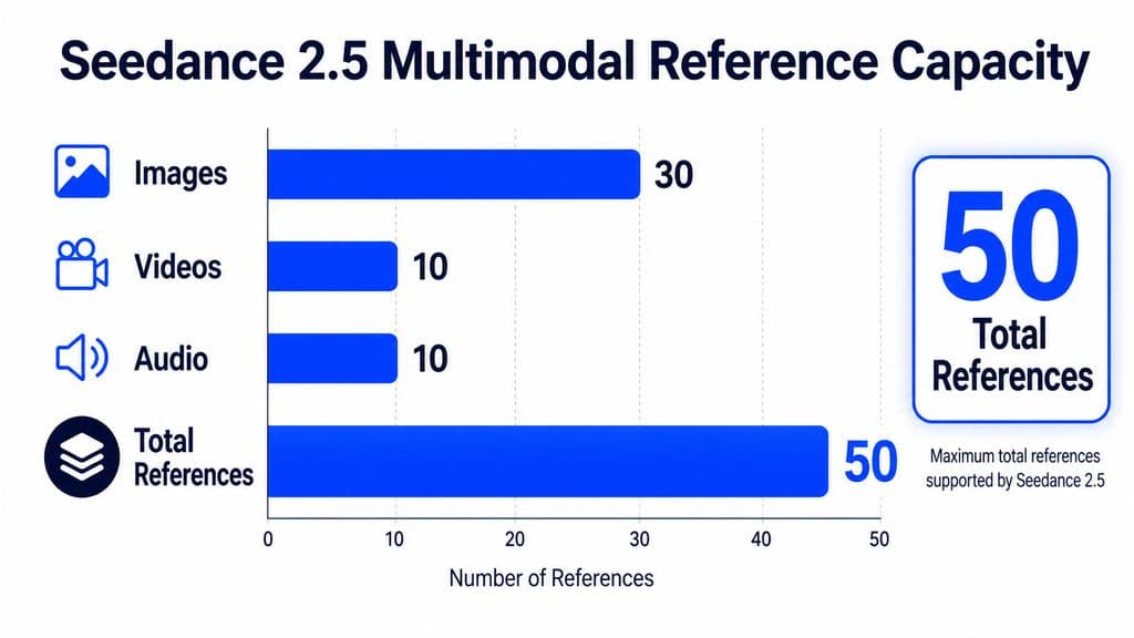 Bar chart showing Seedance 2.5 supports up to 30 image references, 10 video references, 10 audio references, and 50 total multimodal references.
