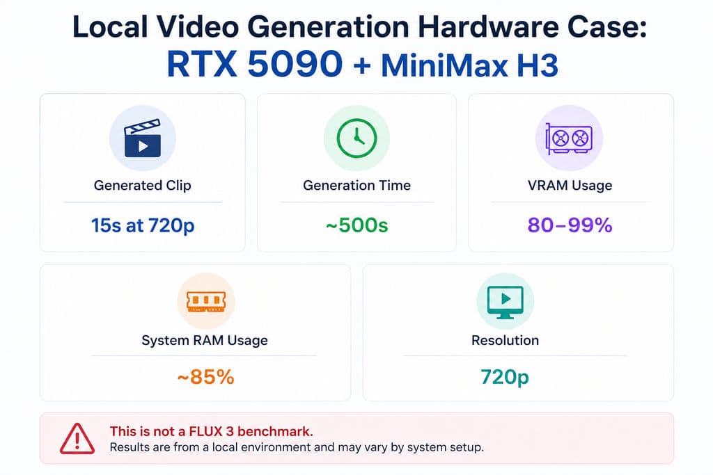 Hardware case chart showing a MiniMax H3 local generation on an RTX 5090 with 64GB RAM: a 15-second 720p clip took about 500 seconds, VRAM usage ranged from 80% to 99%, and system RAM usage was about 85%. This is not a FLUX 3 benchmark.