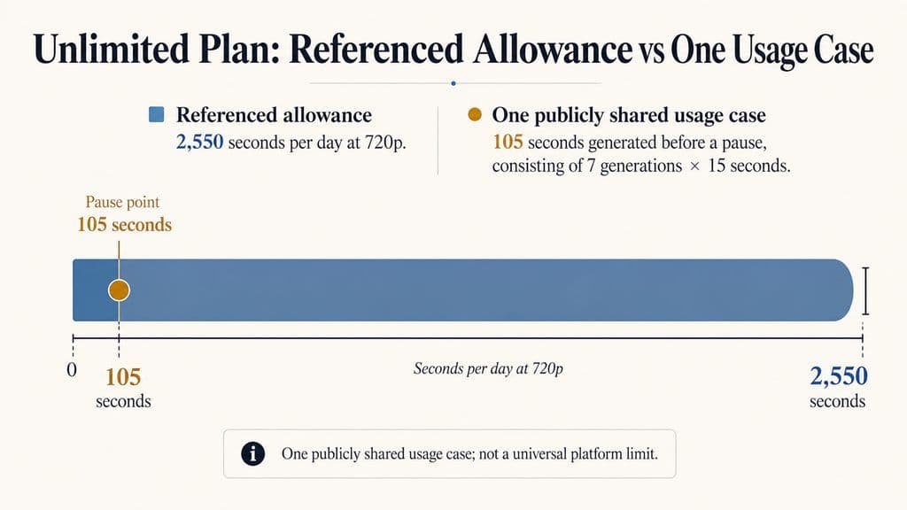 Bullet chart comparing a referenced Artlist allowance of 2,550 seconds per day at 720p with one publicly shared case that recorded 105 seconds, or seven 15-second generations, before a pause
