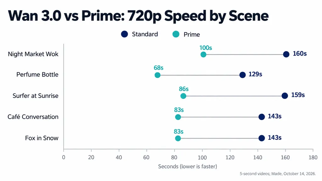 Five 720p Wan 3.0 test scenes comparing Standard and Prime generation times, ranging from 129–160 seconds for Standard and 68–100 seconds for Prime.