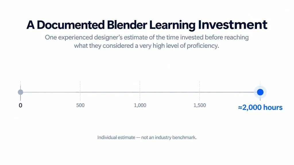 Lollipop chart showing one experienced designer's estimate of approximately 2,000 hours invested before reaching a very high level of Blender proficiency.