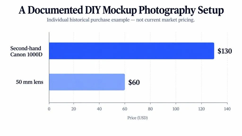 Horizontal bar chart showing a documented second-hand Canon 1000D purchase at $130 and a 50 mm lens at $60.