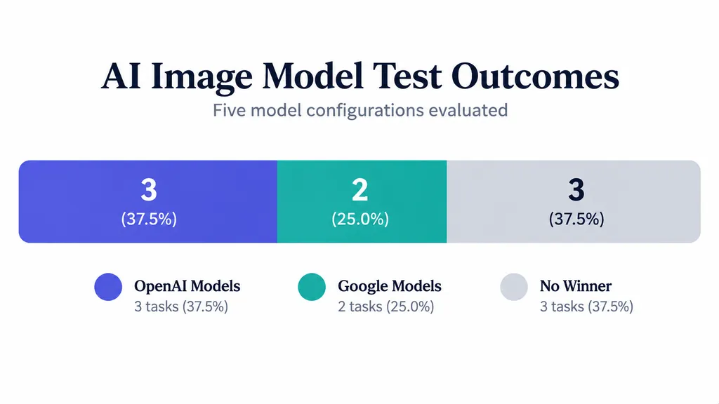 Segmented bar chart showing eight AI image test outcomes: three favored OpenAI models, two favored Google models, and three had no winner.
