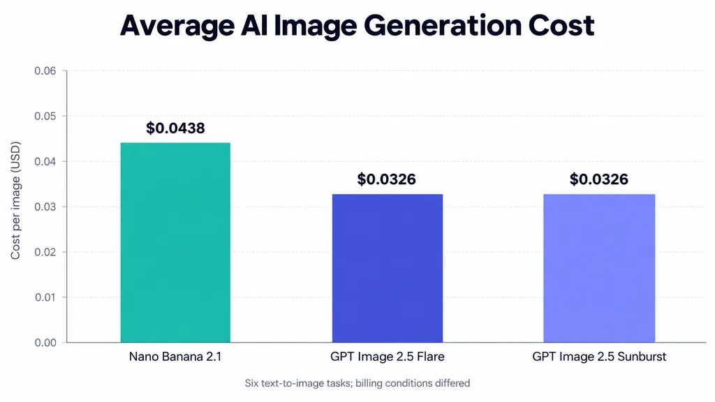 Bar chart comparing average image generation costs: Nano Banana 2.1 at $0.0438, GPT Image 2.5 Flare at $0.0326, and Sunburst at $0.0326.