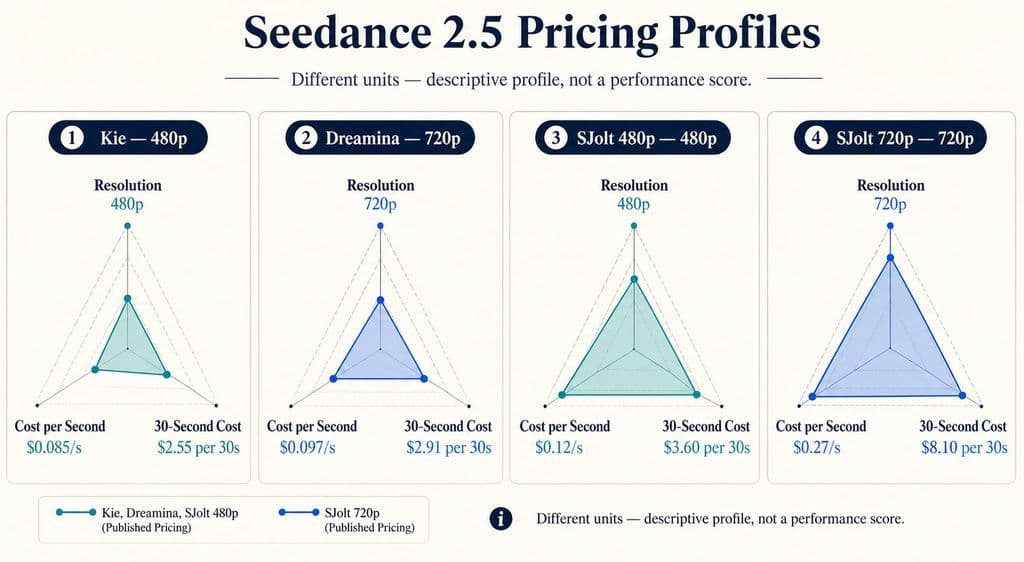 Four radar-style pricing profiles showing Kie at 480p, $0.085/s and $2.55 per 30 seconds; Dreamina at 720p, $0.097/s and $2.91; SJolt 480p at $0.12/s and $3.60; and SJolt 720p at $0.27/s and $8.10.