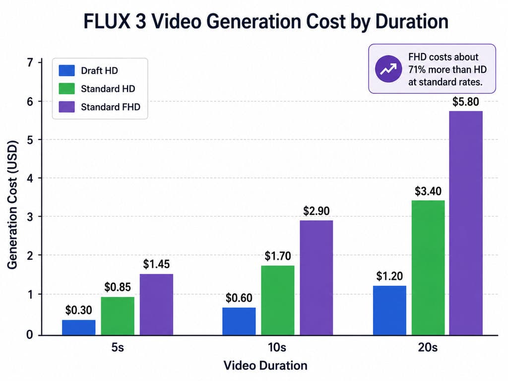 FLUX 3 video pricing line chart comparing Draft HD, Standard HD, and Standard FHD costs for 5-second, 10-second, and 20-second generations.