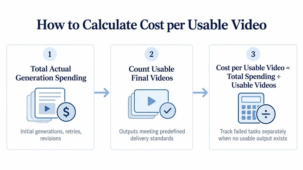 Three-step process for calculating Kling 4.0 cost per usable video from actual generation spending and approved final outputs.