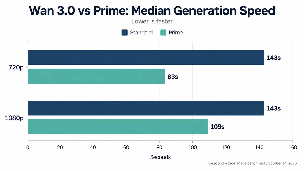 Wan 3.0 vs Prime median generation times: 143 vs 83 seconds at 720p and 143 vs 109 seconds at 1080p.