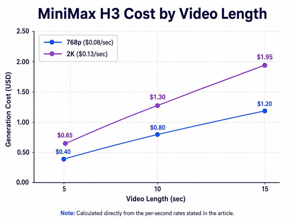 Line chart showing calculated MiniMax H3 generation cost at 5, 10, and 15 seconds, based on rates of $0.08 per second at 768p and $0.13 per second at 2K.