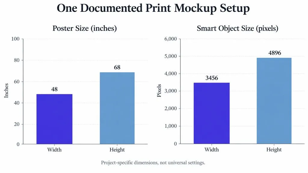 Two-panel bar chart showing a 48 by 68 inch poster and a 3456 by 4896 pixel Smart Object from one documented print mockup workflow.