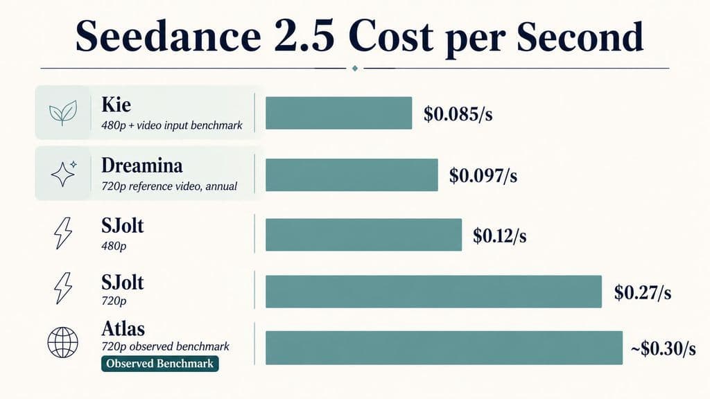 Horizontal bar chart comparing Seedance 2.5 cost per second: Kie at $0.085/s, Dreamina at $0.097/s, SJolt 480p at $0.12/s, SJolt 720p at $0.27/s, and Atlas observed 720p benchmark at about $0.30/s.