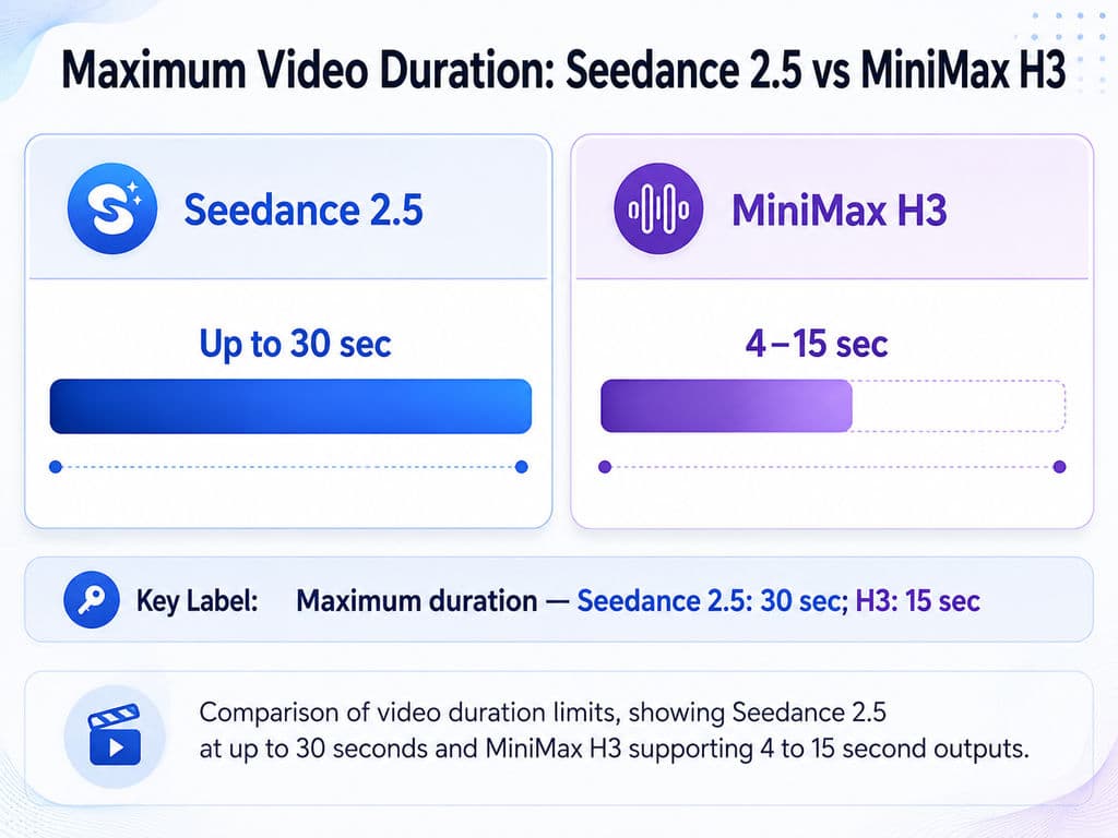 Comparison of video duration limits, showing Seedance 2.5 at up to 30 seconds and MiniMax H3 supporting 4 to 15 second outputs.