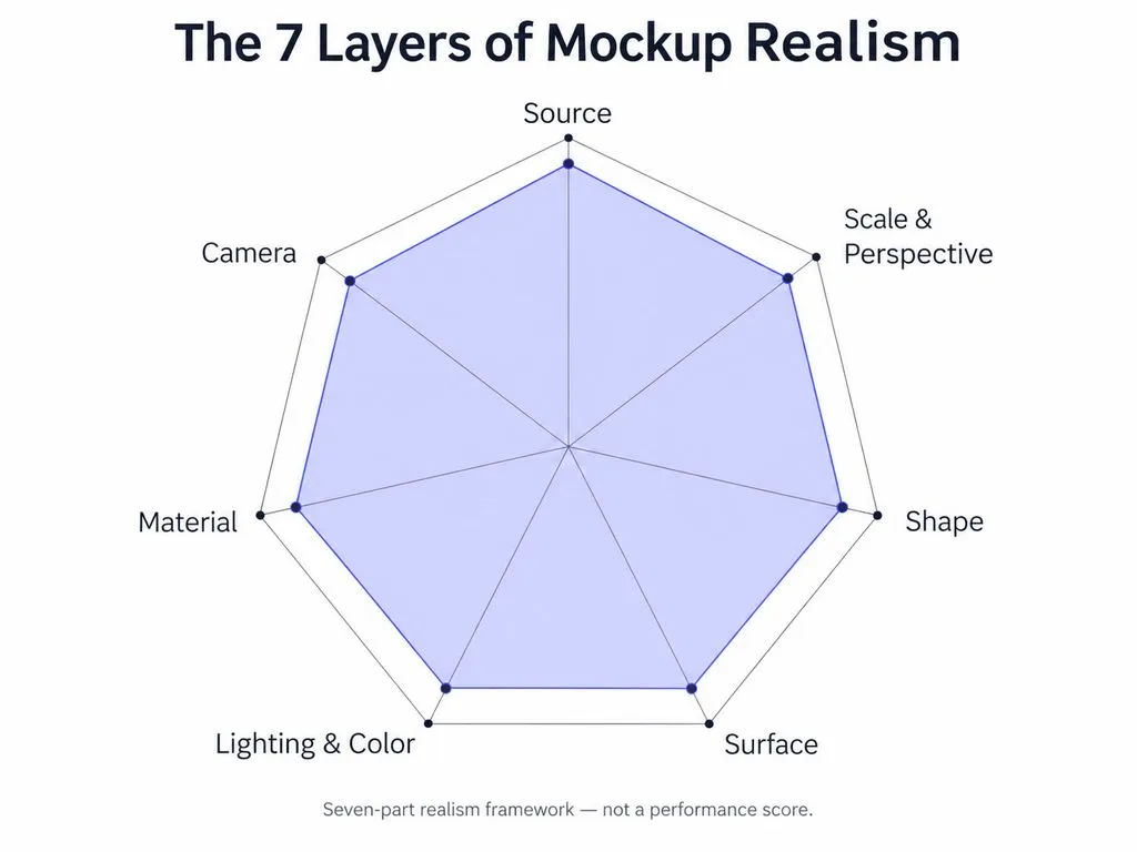 Seven-axis radar-style diagram showing the seven layers of mockup realism: source, scale and perspective, shape, surface, lighting and color, material, and camera.