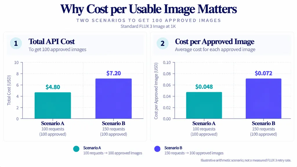 Hypothetical production-cost comparison showing that increasing requests from 100 to 150 for 100 approved 1K images raises total API charges from $4.80 to $7.20 and cost per usable image from $0.048 to $0.072.