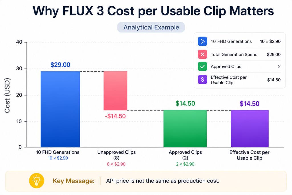 Waterfall-style chart illustrating an analytical FLUX 3 example where ten 10-second FHD generations cost $29 in total, two clips are approved, and the effective cost per usable clip becomes $14.50.