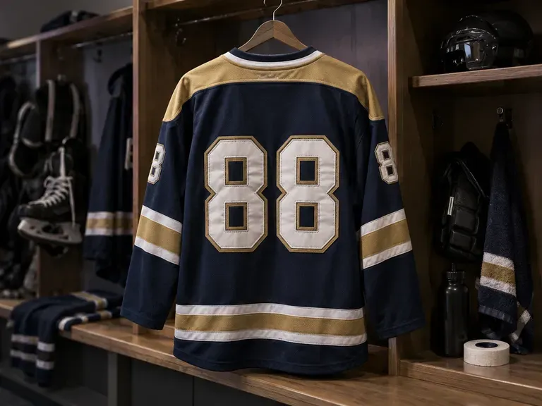 Twill Back Numbers: stacked, stitched-look digits on the sweater back