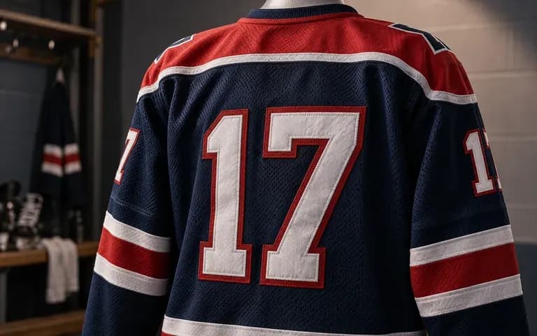 Layered tackle twill numbers on a hockey jersey back