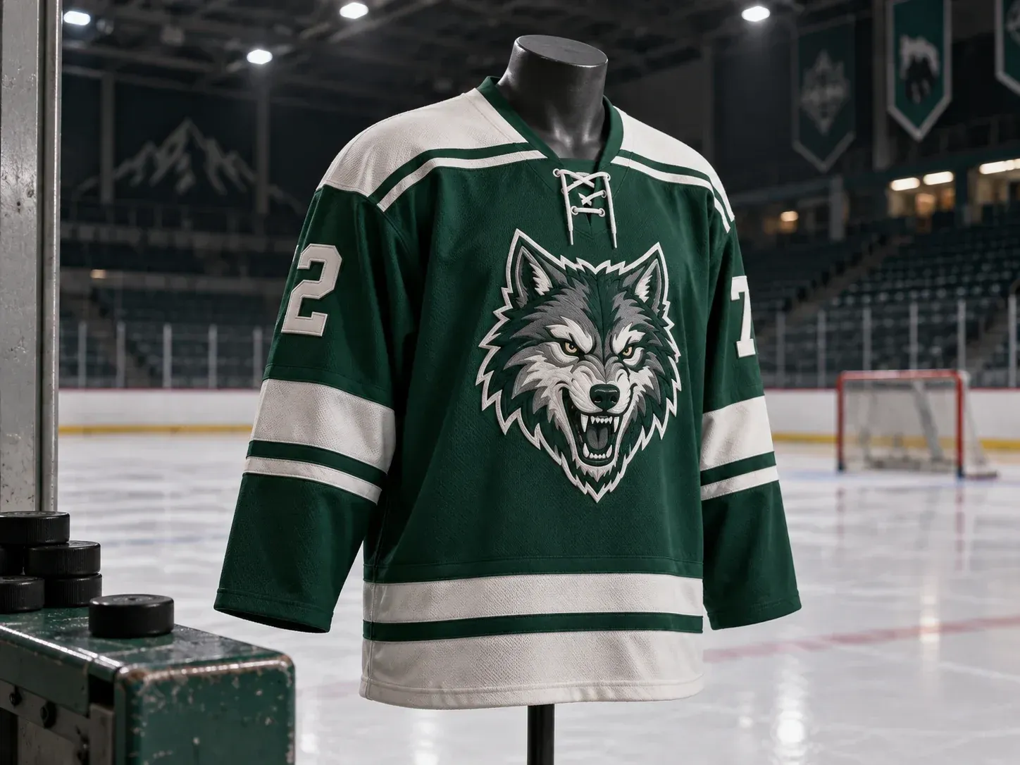A forest green and white hockey sweater with a wolf crest on the chest