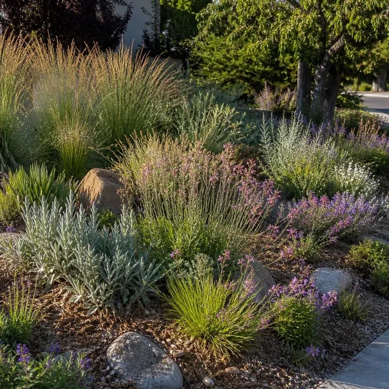 A close-up of native, low-maintenance planting after a redesign
