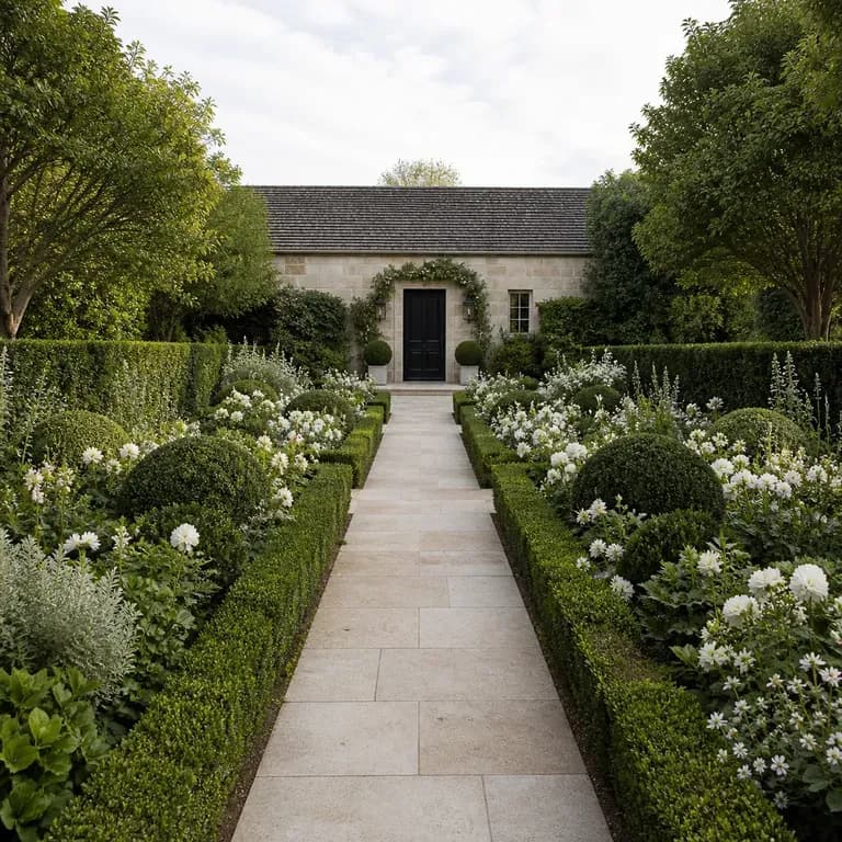 A close-up of a formal, symmetrical garden layout after a redesign