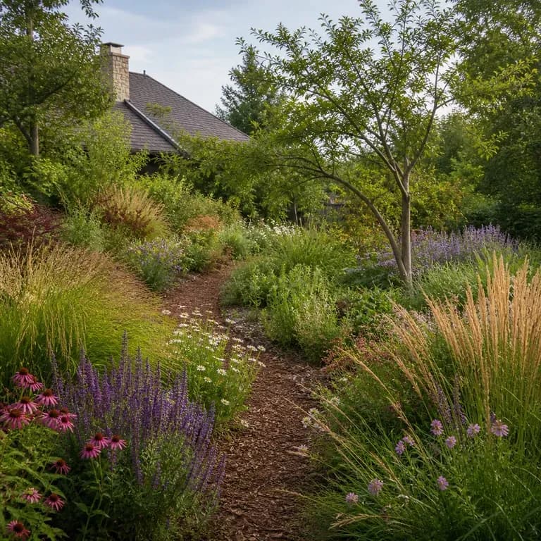 A close-up of a naturalistic garden after a redesign