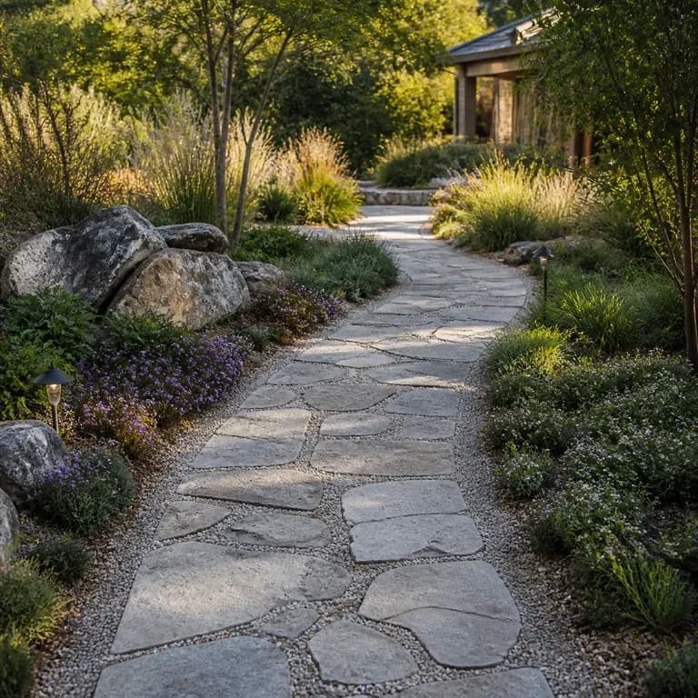 A close-up of a redesigned garden path and paving material