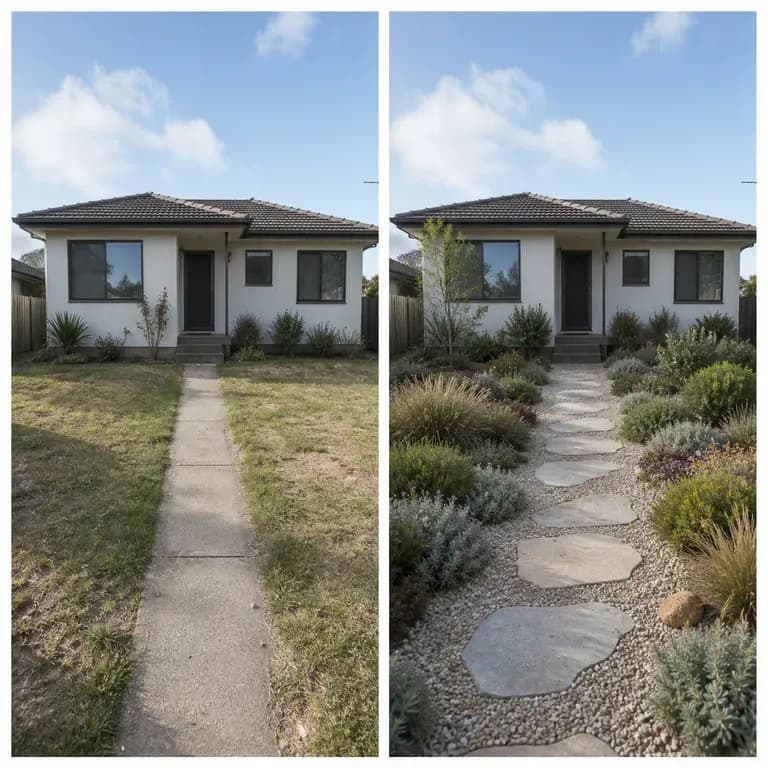 A split-frame before and after comparison of the same yard