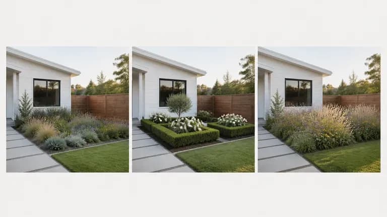 The same yard shown in three directions: native low-maintenance, formal symmetrical, and naturalistic garden