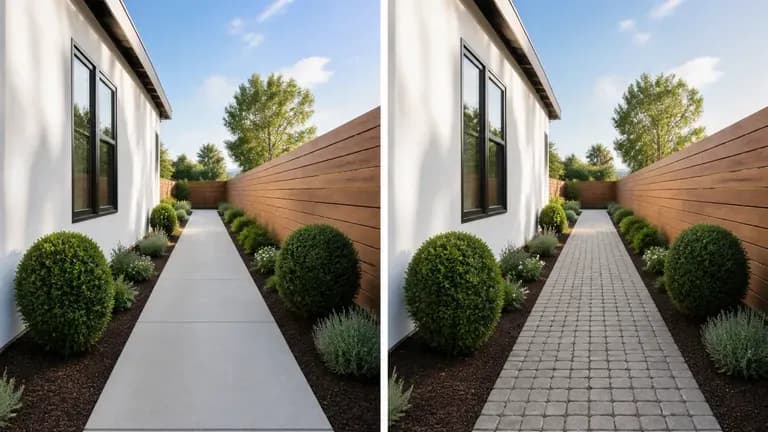 The same path shown before and after, only the paving material changed from concrete to cobblestone
