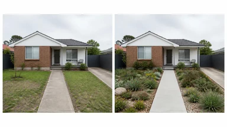 An ordinary front yard shown before and after a landscape redesign