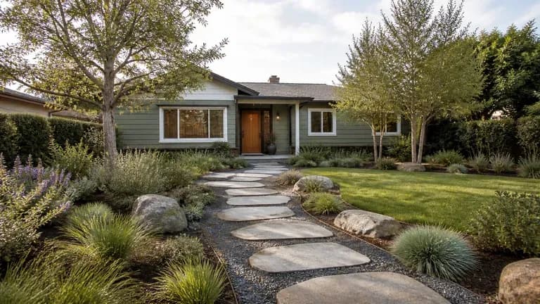 A front yard redesign preview shot in a wide, real-estate-style composition