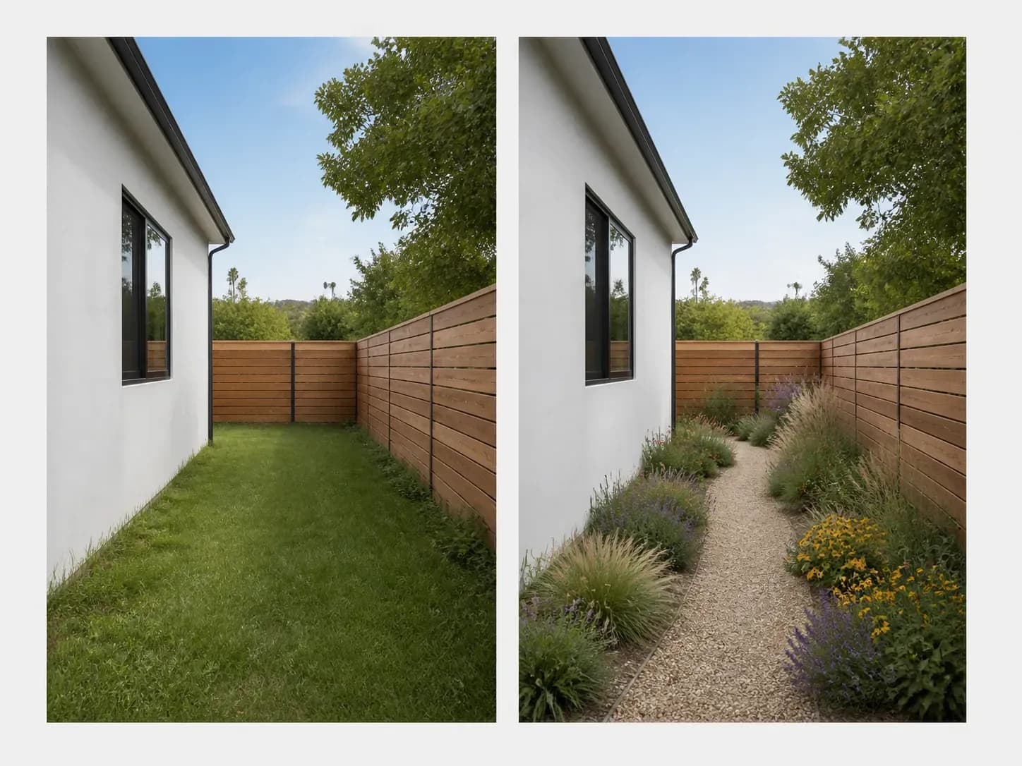 A plain side yard before and after: the same camera position and boundary, now native planting and a gravel path