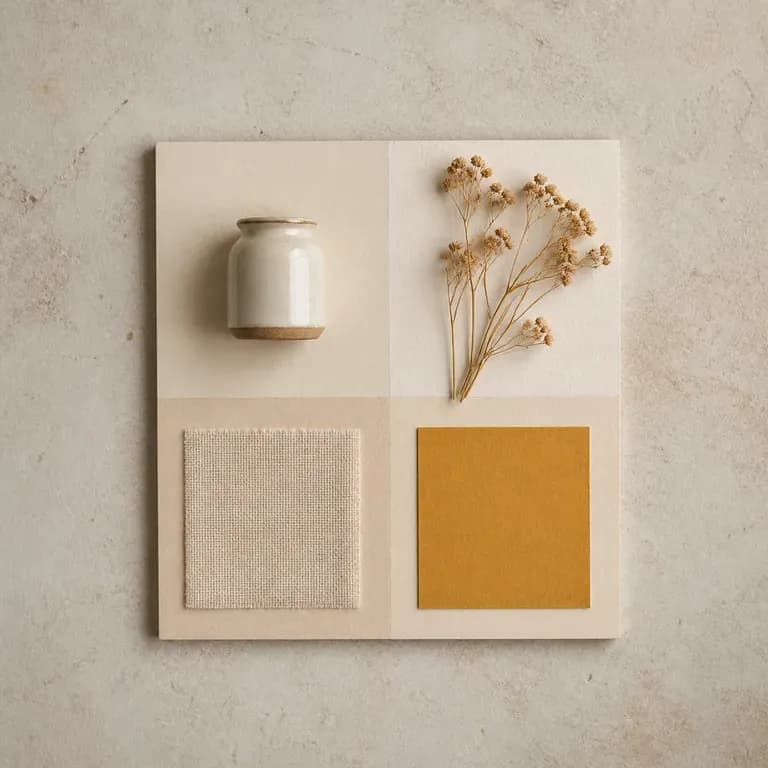 A moodboard in warm white and ochre tones with a ceramic jar, dried flowers and linen