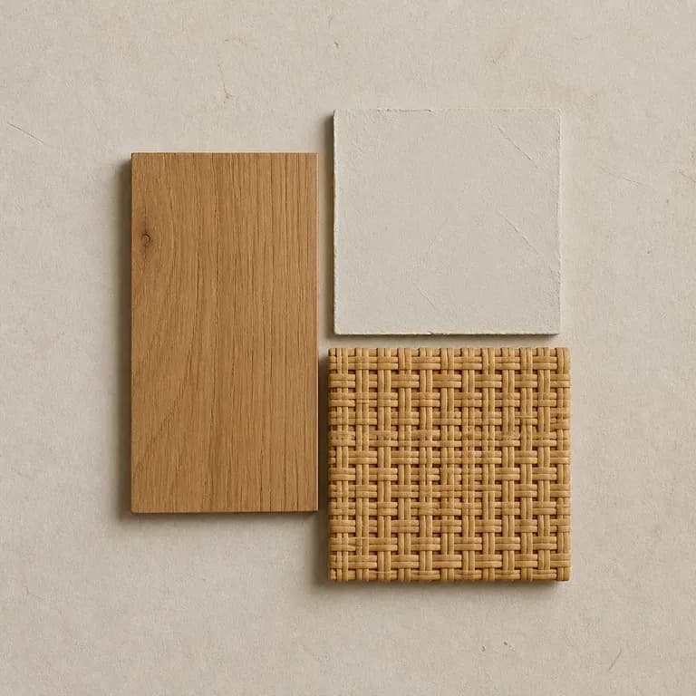 An interior material moodboard combining wood grain, plaster and rattan textures