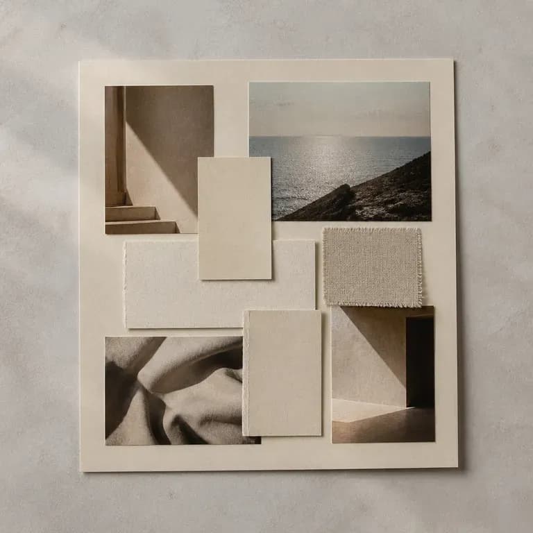 An editorial photography moodboard with grainy film photos and beige paper stock