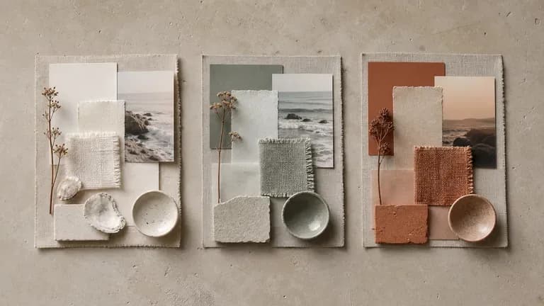 Three moodboard variants for the same coastal fragrance brand theme in different tones