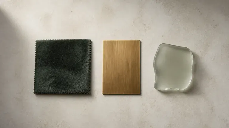 Three close-up material swatches, velvet, brass and frosted glass, arranged side by side