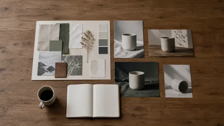 A moodboard beside product photographs on a meeting table with coffee cups and a notebook