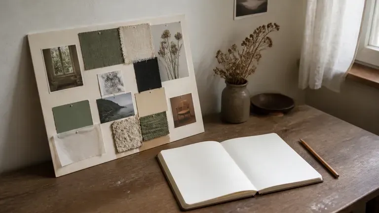 A moodboard beside a sketchbook and pencil on a desk corner in relaxed light