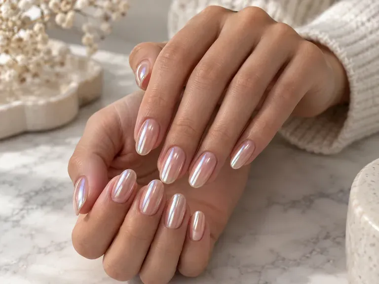 Glazed Chrome Nails: a pearly finish over a sheer base