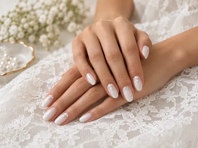 Bridal Nails: clean white with pearl accents
