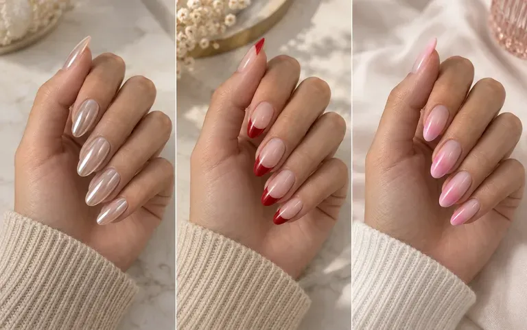 Three nail designs compared on the same hand